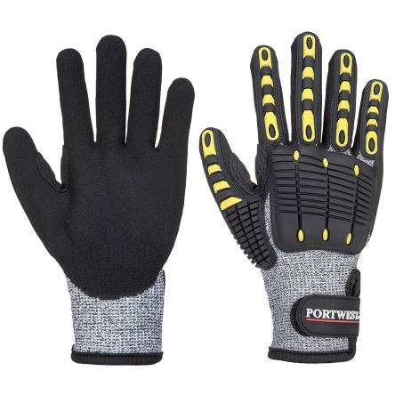 Portwest Impact Protection Black, Grey Elastic, Glass Fibre, HPPE, Nylon, Polyester, TPR Cut Resistant Work Gloves, [A722G8RM]; 361-499