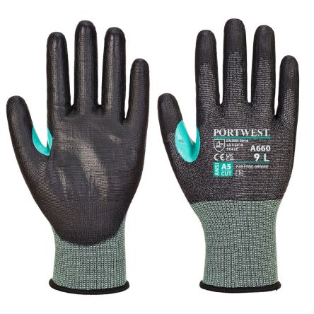 Portwest Hand Protection Black Elastane, Elastic, HPPE, Nylon, Steel Fibre Cut Resistant Work Gloves, Size L, [A660K8RL]; 361-525