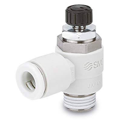 SMC AS-FM Series Threaded Speed Controller, R 1/4 Male Inlet Port x 8mm Tube Outlet Port, AS2201FM-02-08S [AS2201FM-02-08S]; 393-512