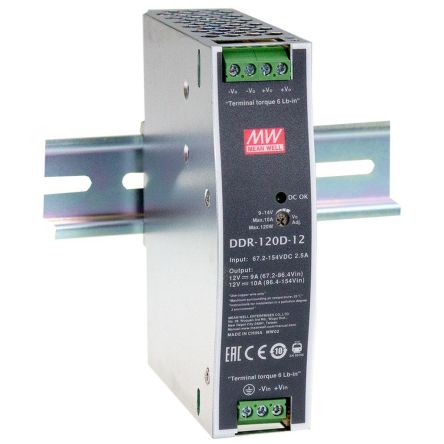 MEAN WELL DDR-120 DC-DC Converter, 12V dc/ 10A Output, 67.2 → 154 V dc Input, 120W, DIN Rail, +70°C Max Temp [DDR-120D-12]; 424-824