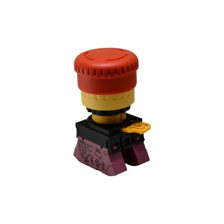 Idec YW1B Series Push Lock Turn Reset Emergency Stop Push Button, Panel Mount, 22mm Cutout, 2XNC, IP65, IP67, IP69K [YW1B-V4P02R]; 427-573
