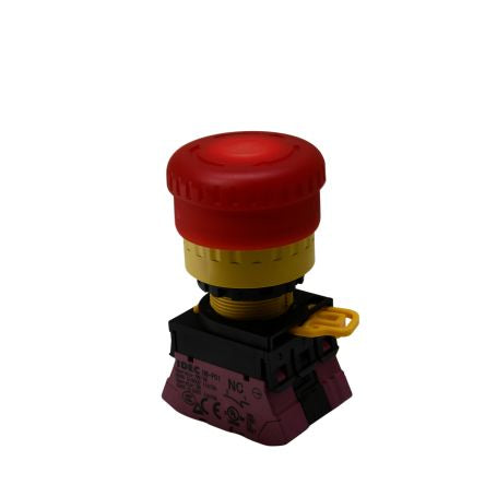 Idec YW1L Series Push Lock Turn Reset Emergency Stop Push Button, Panel Mount, 22mm Cutout, 2XNC, IP65, IP67, IP69K [YW1L-V4P2Q4R]; 427-574