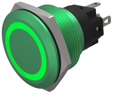 EAO Series 82 Series Illuminated Push Button Switch, Momentary, Flush Mount, 22mm Cutout, SPST, SPST, Green LED, 24V, [82-6851.1134]; 427-576