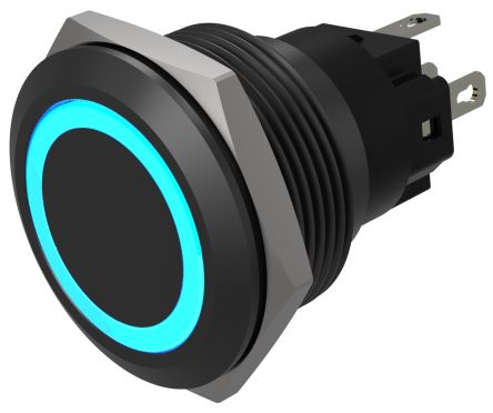 EAO Series 82 Series Illuminated Push Button Switch, Momentary, Flush Mount, 22mm Cutout, SPST, SPST, Blue LED, 24V, [82-6951.1124]; 427-595