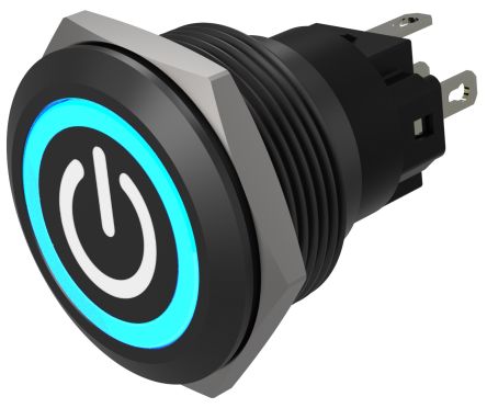 EAO Series 82 Series Illuminated Push Button Switch, Momentary, Flush Mount, 22mm Cutout, SPST, SPST, Blue LED, 24V, [82-6951.1124.B002]; 427-596
