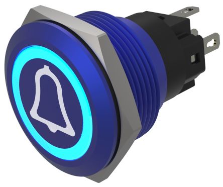 EAO Series 82 Series Illuminated Push Button Switch, Momentary, Flush Mount, 22mm Cutout, SPST, SPST, Blue LED, 24V, [82-6451.1124.B005]; 427-606