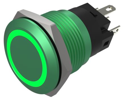EAO Series 82 Series Illuminated Push Button Switch, Momentary, Flush Mount, 19mm Cutout, SPST, SPST, Green LED, 24V, [82-5851.1134]; 427-624