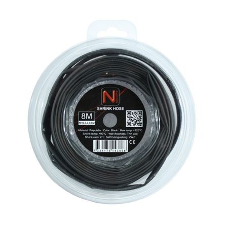 NEMIQ Heat Shrink Tube, Black 3.5mm Sleeve Dia. x 8m Length 2:1 Ratio, NHS Series [NHS-3.2-0-8M]; 433-102