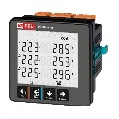 RS PRO LCD Digital Panel Multi-Function Meter for Apparent Power Minimum and Maximum Value;Current;Voltage;Current [0]; 434-505