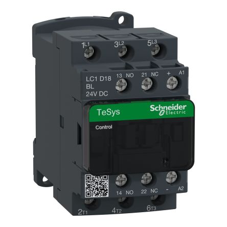 Schneider Electric TeSys Deca TeSyS D Contactor, 24 V dc Coil, 3-Pole, 32, 4 kW, 1 NC + 1 NO, 690 V ac [LC1D18BLTQ]; 438-750