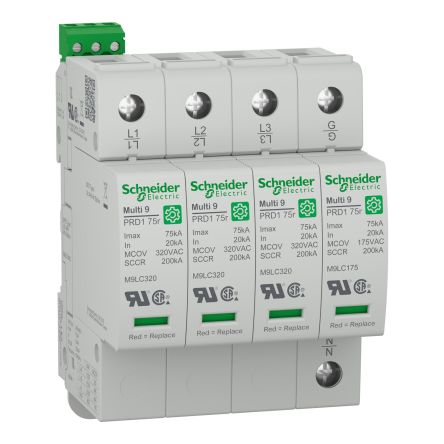 Schneider Electric 4 Phase Surge Arrester, 75kA, 2000V (Volts), Clip-On Mount [M9L37480]; 438-845