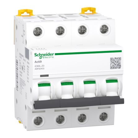 Schneider Electric Acti9 Acti9 iC60 MCB, 4P, 3A, Type Z, 440V AC, 250V DC, 70 kA Breaking Capacity [A9F92403]; 444-159
