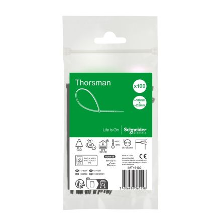 Schneider Electric Cable Tie, , 100mm x 2.5 mm, Black Nylon, Pk-1 [IMT46402]; 446-870