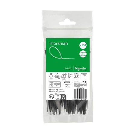 Schneider Electric Cable Tie, , 120mm x 2.5 mm, Black Nylon, Pk-100 [IMT46404]; 458-802