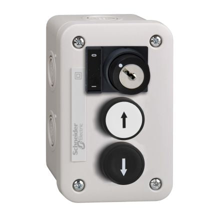 Schneider Electric Spring Return Control Station Switch - 1NO, ABS, 3 Cutouts, Black, White, Down Arrow, Up Arrow, IP54 [XALE3441]; 479-656