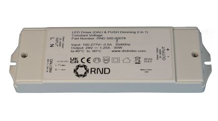 RND LED Driver, 24V Output, 30W Output, 1.25A Output, Constant Voltage Dimmable [RND 500-00074]; 490-293