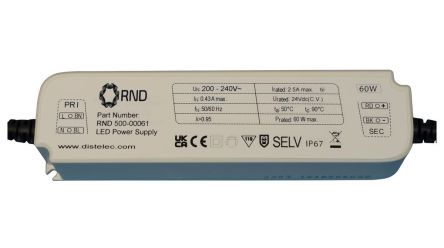 RND LED Driver, 12V Output, 60W Output, 5A Output, Constant Voltage [RND 500-00060]; 491-834