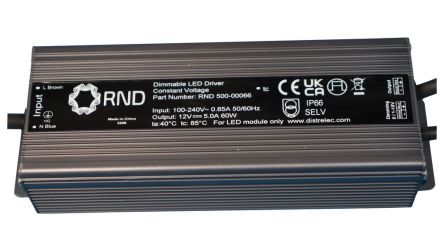 RND LED Driver, 12V Output, 60W Output, 5A Output, Constant Voltage [RND 500-00066]; 491-895