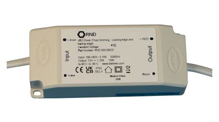 RND LED Driver, 12V Output, 15W Output, 1.25A Output, Constant Voltage Dimmable [RND 500-00025]; 492-243
