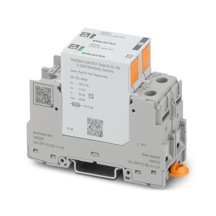Phoenix Contact, VAL-SPP Surge Arrester 335 V dc Maximum Voltage Rating 40kA Maximum Surge Current Type 2 Arrester [1466589]; 493-559