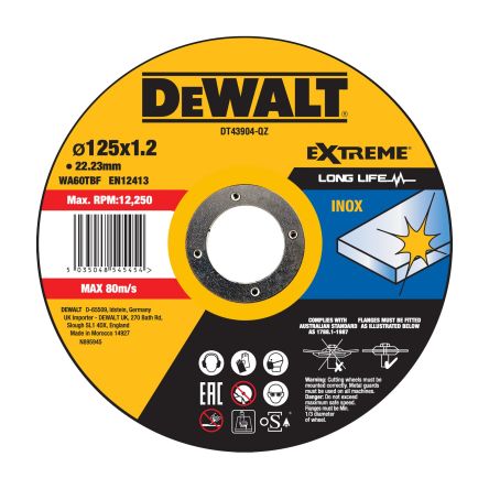 DeWALT DT43 Aluminium Oxide Cutting Disc, 125mm x 1.2mm Thick, 1 in pack [DT43904-QZ]; 493-965
