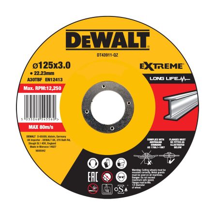 DeWALT DT43 Aluminium Oxide Cutting Disc, 125mm x 3mm Thick, 1 in pack [DT43911-QZ]; 493-968