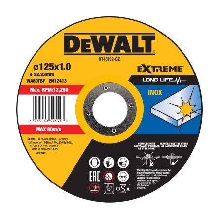 DeWALT DT43 Aluminium Oxide Cutting Disc, 125mm x 1mm Thick, 1 in pack [DT43902-QZ]; 494-005