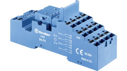 Finder 94 250V DIN Rail Relay Socket, for use with 55.3, 55.34 Relays [94.P4.SPA]; 494-872