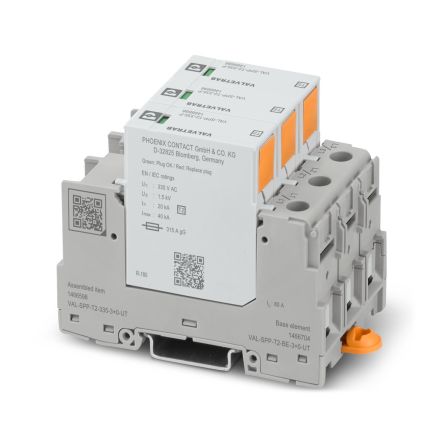Phoenix Contact, VAL-SPP Surge Arrester 335 V dc Maximum Voltage Rating 40kA Maximum Surge Current Type 2 Arrester [1466598]; 496-197
