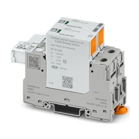 Phoenix Contact, VAL-SPP Surge Arrester 335 V dc Maximum Voltage Rating 40kA Maximum Surge Current Type 2 Arrester [1466597]; 496-879
