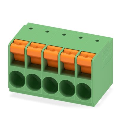 Phoenix Contact TDPT Series PCB Terminal Block, 5-Contact, 10.16mm Pitch, Wave Soldering, 1-Row, Push In Spring [1017534]; 556-197