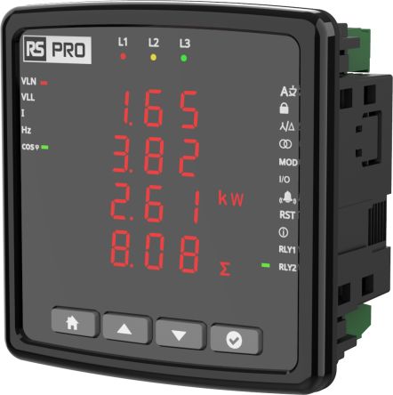RS PRO LED Digital Panel Multi-Function Meter for Cos Phi, Phase Current, Phase-Neutral, Phase-Phase, RMS Voltage, [0]; 558-891