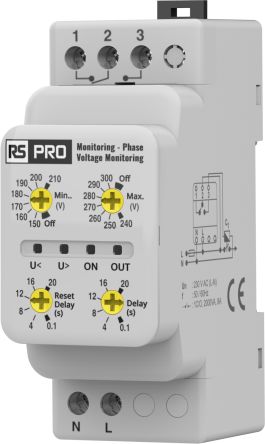 RS PRO Phase, Voltage Monitoring Relay, Single Phase, CO, 270 → 370, 410 → 510V ac, DIN Rail [0]; 558-898