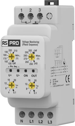 RS PRO Phase, Voltage Monitoring Relay, Three Phase, CO, 150 → 210, 240 → 300V ac, DIN Rail [0]; 558-901