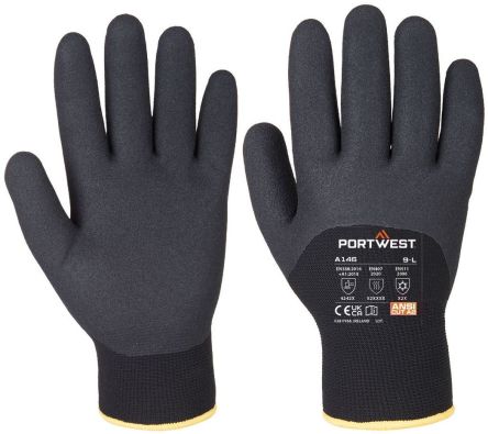 Portwest A146 Black Acrylic, Elastic, Polyester Cold Resistant Work Gloves, Size 9, Nitrile Coating [A146BKRL]; 561-670