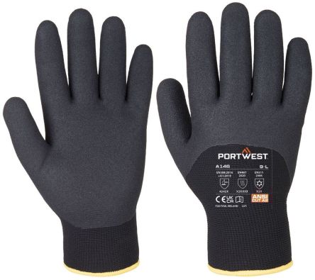 Portwest A146 Black Acrylic, Elastic, Polyester Cold Resistant Work Gloves, Size 11, Nitrile Coating [A146BKRXXL]; 561-672