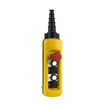 Slow Break Push Button Control Station - SPDT, Polypropylene, 4 Cutouts, Yellow, Emergency Stop, IP65 [XACA4812]; 585-447