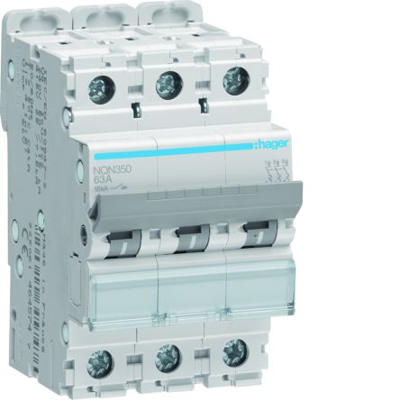 Hager NQN MCB, 3P, 50A Curve B, 415V AC, 15 kA Breaking Capacity [NQN350]; 597-867