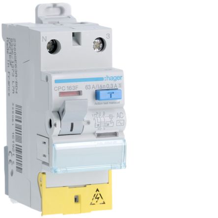 Hager CPC RCCB, 63A, 1P+N Pole, 300mA, Type AC, 230V ac [CPC163F]; 597-871
