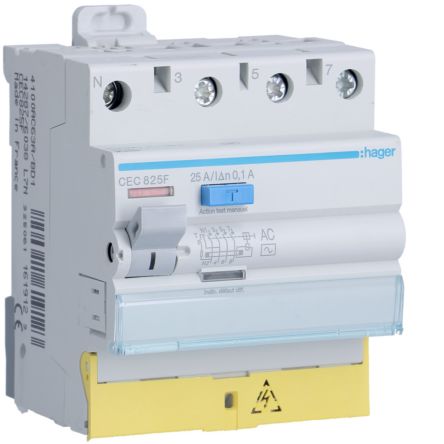Hager CEC RCCB, 25A, 3P+N Pole, 100mA, Type AC, 230 → 400V ac [CEC825F]; 597-872