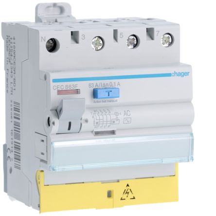 Hager CEC RCCB, 63A, 3P+N Pole, 100mA, Type AC, 230 → 400V ac [CEC863F]; 597-874