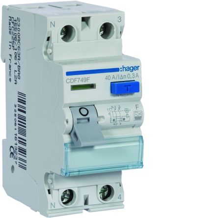 Hager CDF RCCB, 40A, 2 Pole, 30mA, Type F, 230V ac [CDF749F]; 597-876
