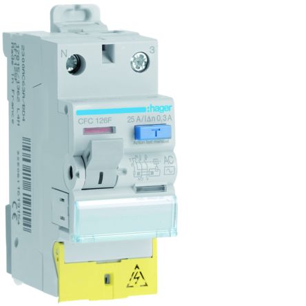 Hager CFC RCCB, 25A, 1P+N Pole, 300mA, Type AC, 230V ac [CFC126F]; 597-878