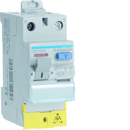 Hager CFC RCCB, 25A, 1P+N Pole, 300mA, Type AC, 230 → 300V ac [CFC723F]; 597-880