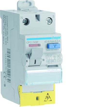 Hager CFC RCCB, 40A, 1P+N Pole, 300mA, Type AC, 230V ac [CFC743F]; 597-881