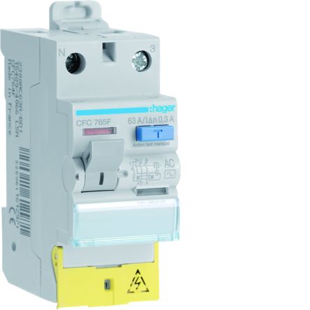 Hager CFC RCCB, 63A, 1P+N Pole, 300mA, Type AC, 230V ac [CFC765F]; 597-882