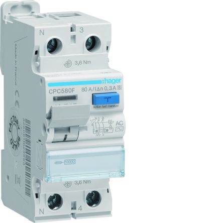 Hager CPC RCCB, 80A, 1P+N Pole, 300mA, Type AC, 230V ac [CPC580F]; 597-883