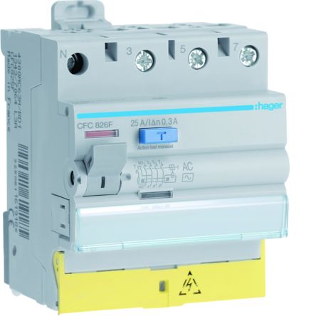 Hager CFC RCCB, 25A, 3P+N Pole, 300mA, Type AC, 230 → 400V ac [CFC826F]; 597-886