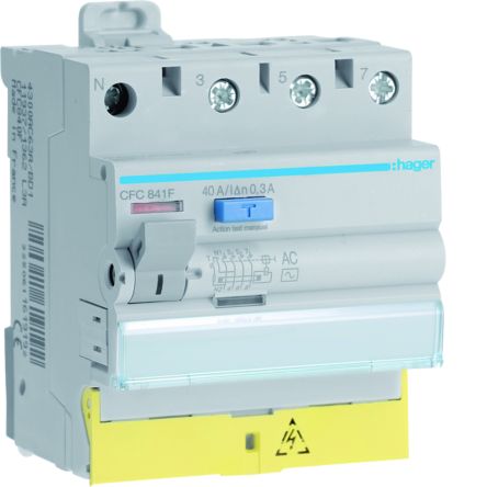 Hager CFC RCCB, 40A, 3P+N Pole, 300mA, Type AC, 230 → 400V ac [CFC841F]; 597-887