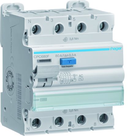 Hager CPC RCCB, 80A, 3P+N Pole, 300mA, Type AC, 230 → 400V ac [CPC680F]; 597-888